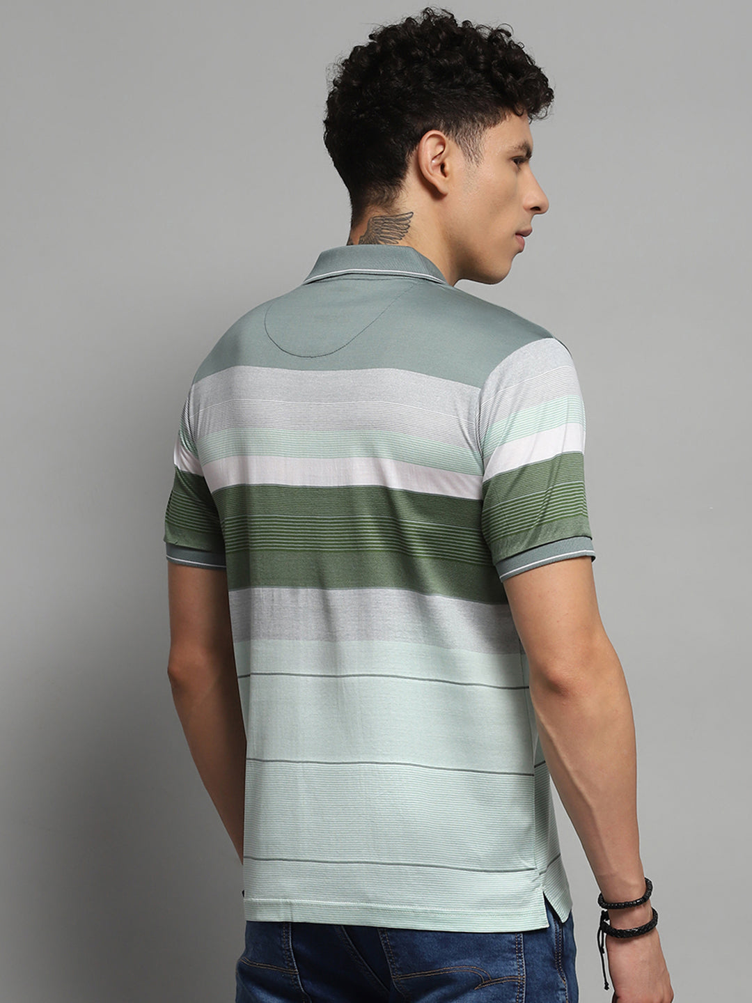 Men Green Stripe Collar Half Sleeve T-Shirt