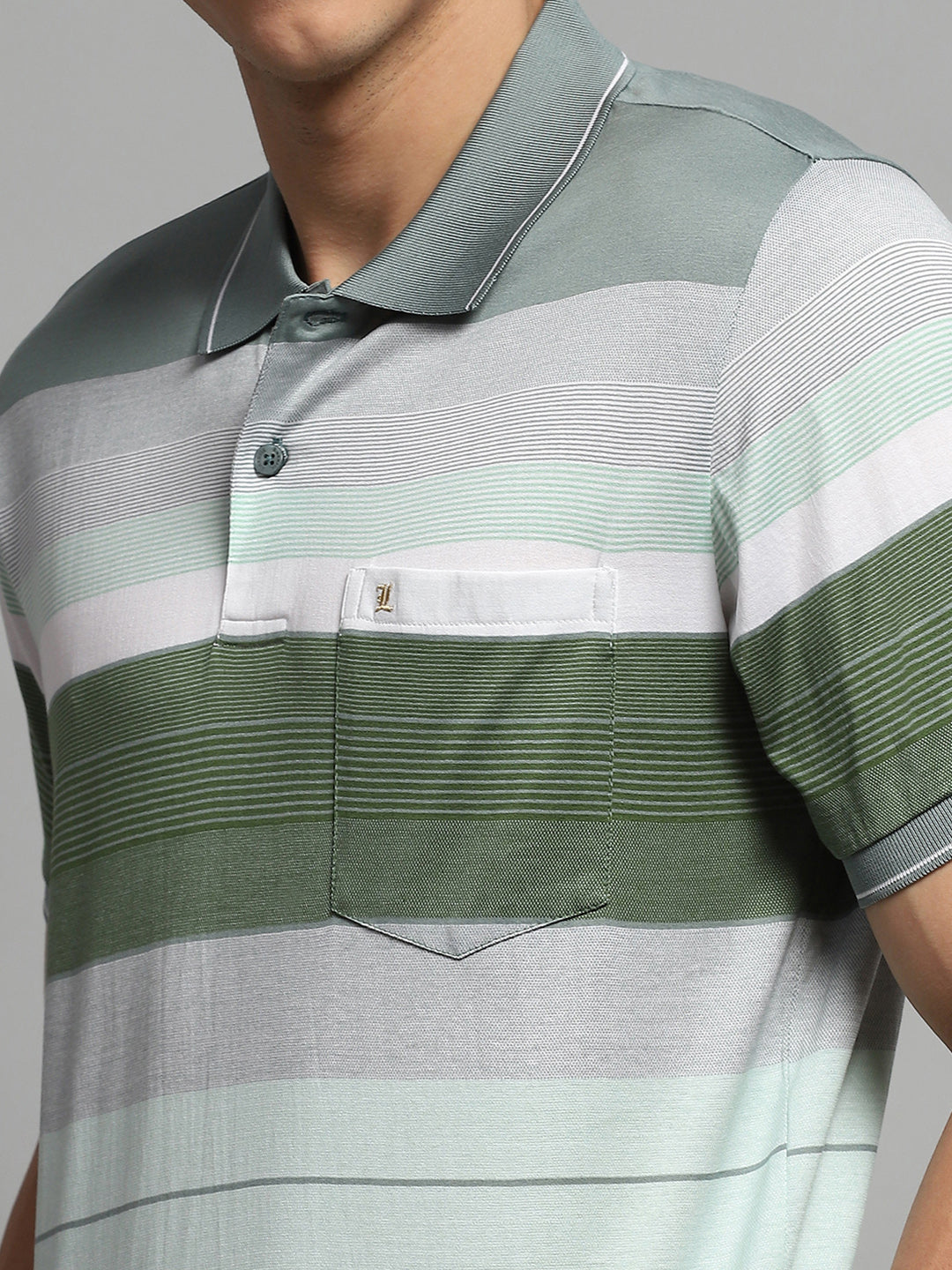 Men Green Stripe Collar Half Sleeve T-Shirt