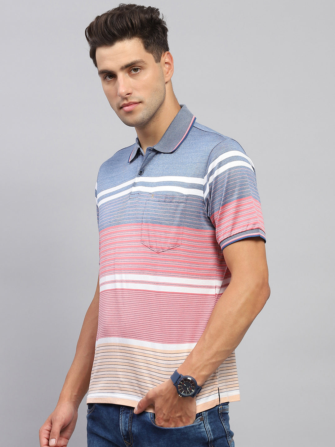 Men Pink & Blue Stripe Collar Half Sleeve T-Shirt