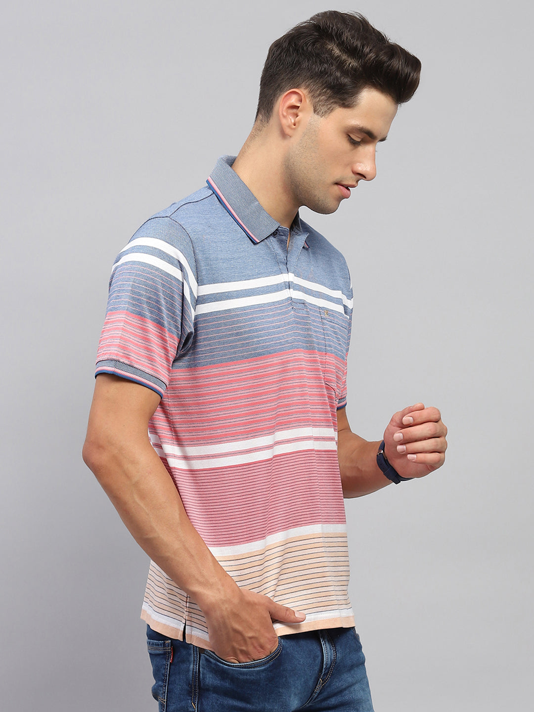 Men Pink & Blue Stripe Collar Half Sleeve T-Shirt