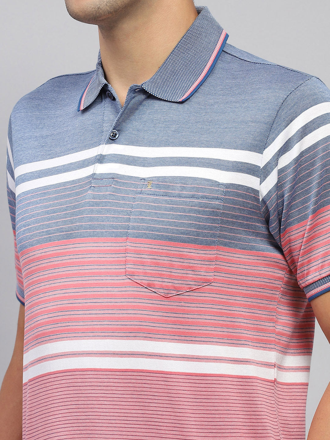 Men Pink & Blue Stripe Collar Half Sleeve T-Shirt