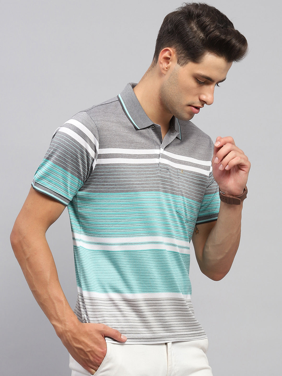 Men Grey & Green Stripe Collar Half Sleeve T-Shirt