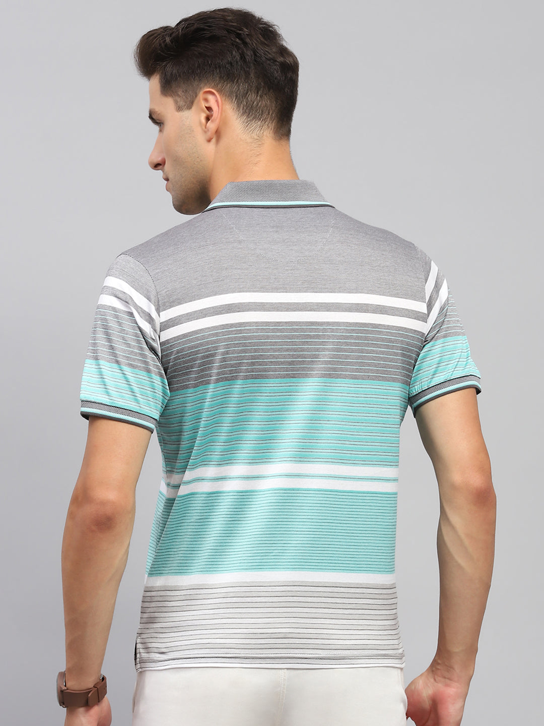 Men Grey & Green Stripe Collar Half Sleeve T-Shirt