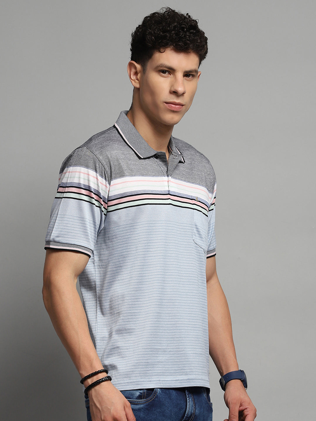 Men Blue Stripe Collar Half Sleeve T-Shirt