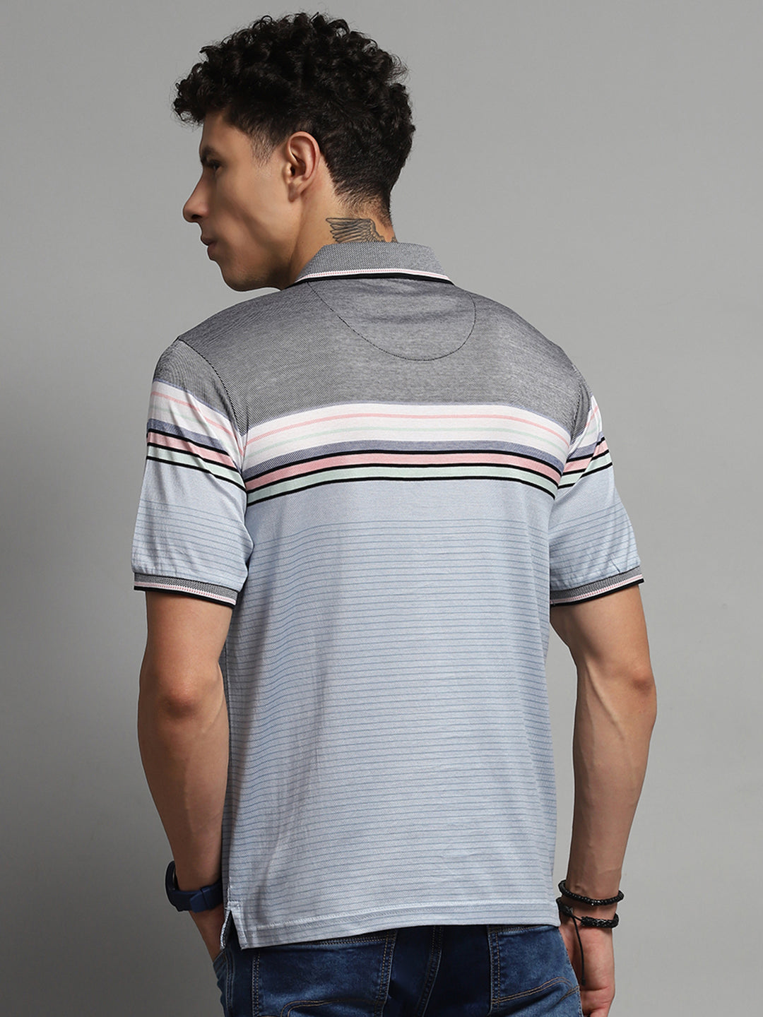 Men Blue Stripe Collar Half Sleeve T-Shirt