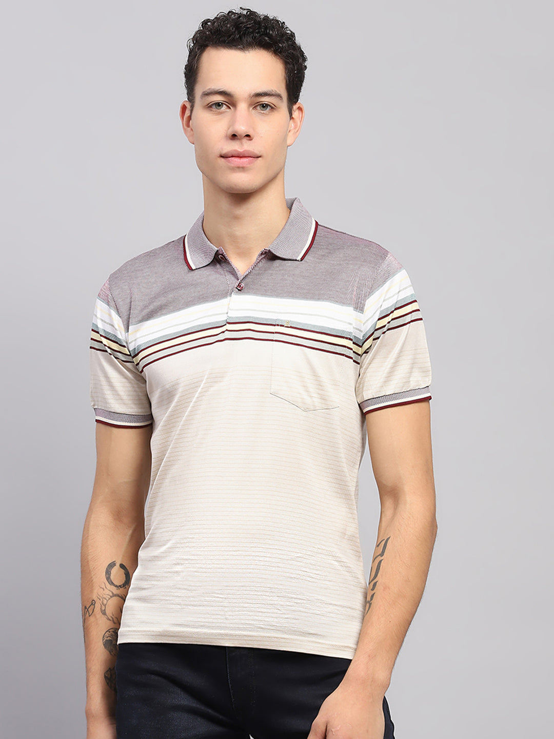 Men Multicolor Stripe Polo Collar Half Sleeve T-Shirt