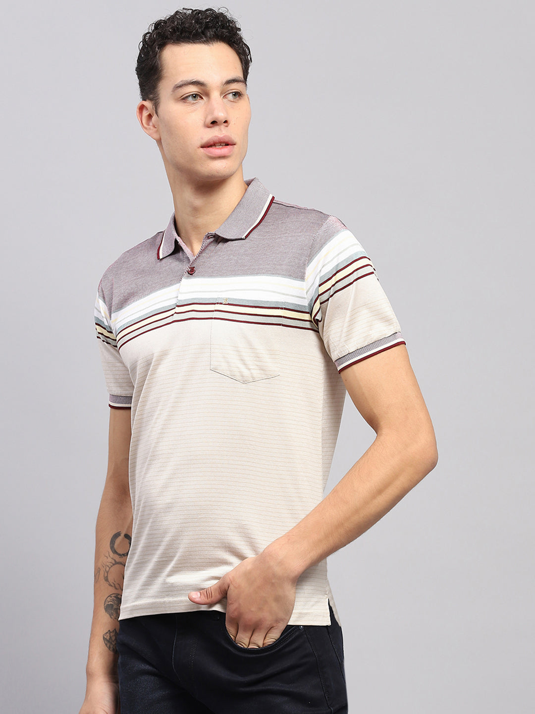 Men Multicolor Stripe Polo Collar Half Sleeve T-Shirt