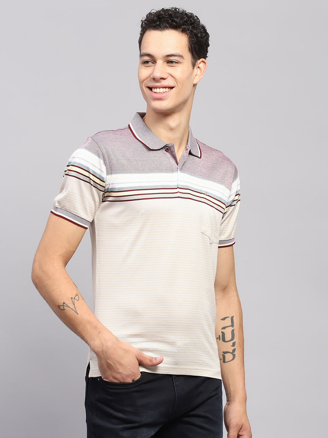 Men Multicolor Stripe Polo Collar Half Sleeve T-Shirt