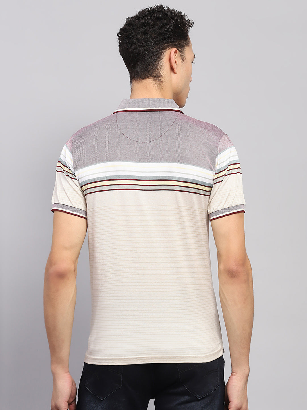 Men Multicolor Stripe Polo Collar Half Sleeve T-Shirt