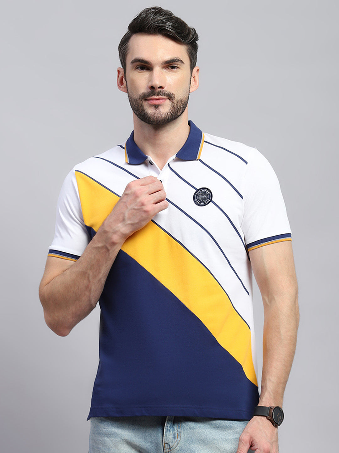 Men White & Blue Stripe Collar Half Sleeve T-Shirt