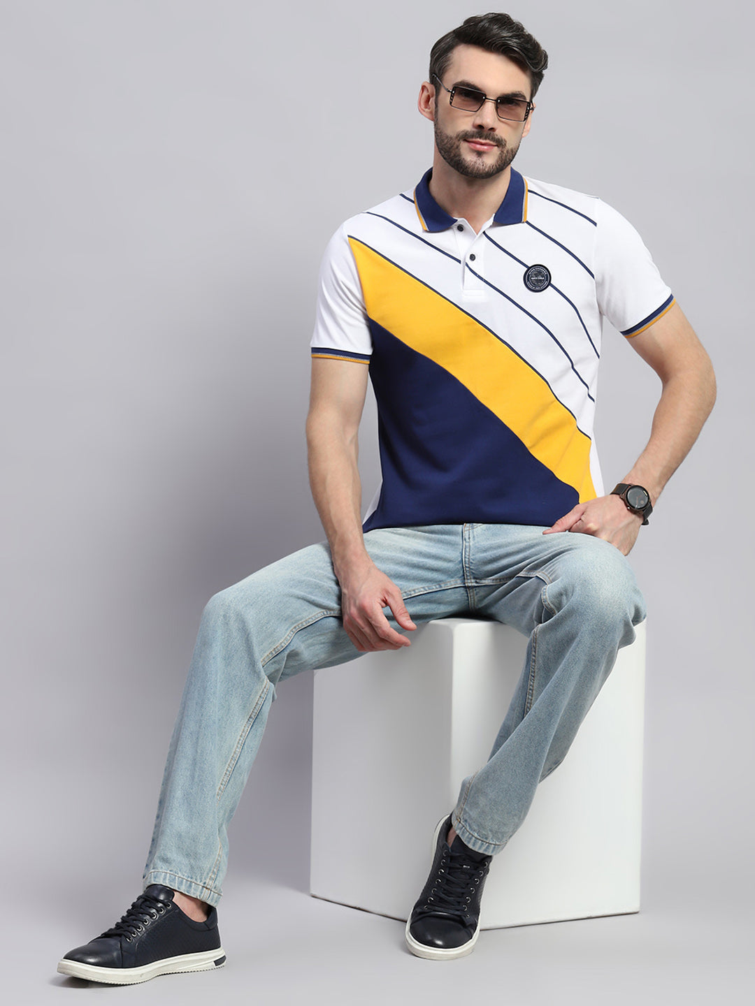 Men White & Blue Stripe Collar Half Sleeve T-Shirt