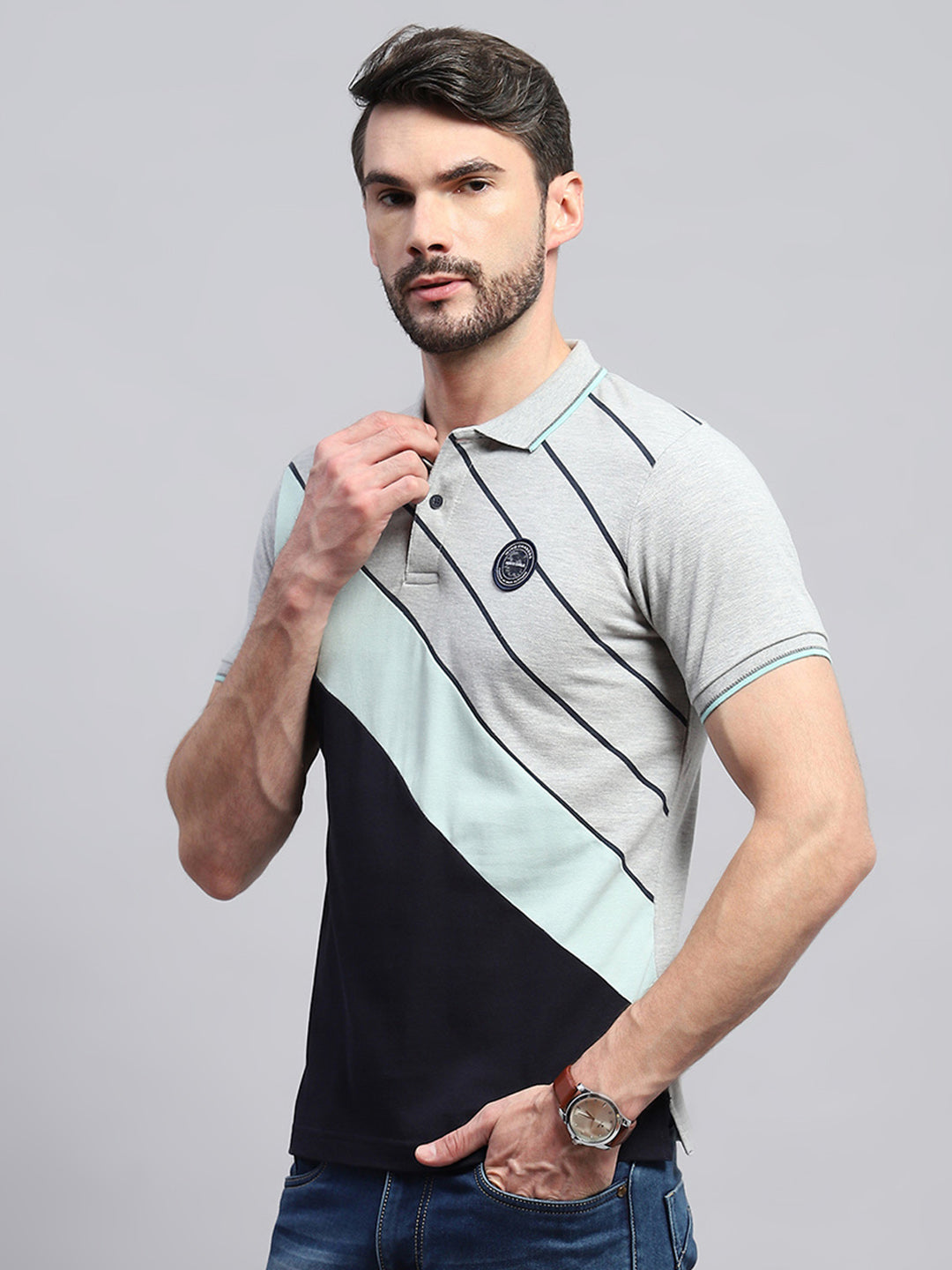 Men Grey Self Design Collar Half Sleeve T-Shirt