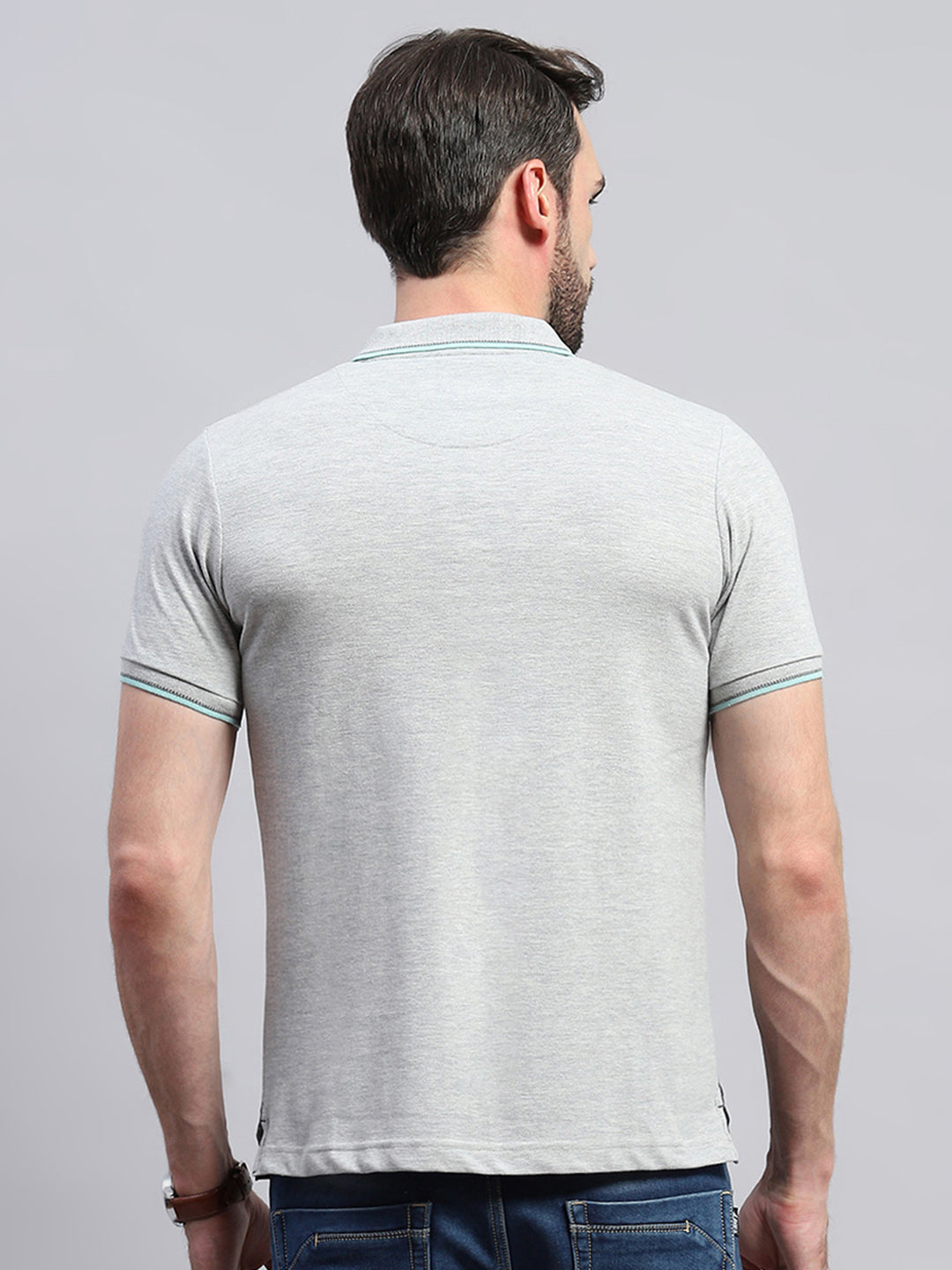 Men Grey Self Design Collar Half Sleeve T-Shirt