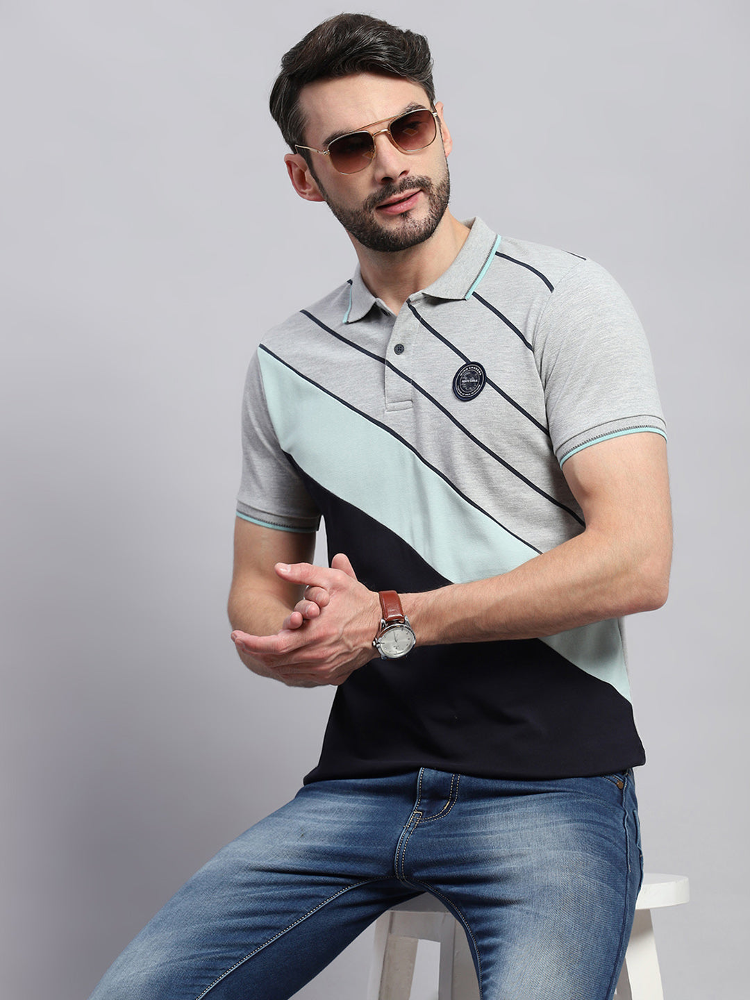 Men Grey Self Design Collar Half Sleeve T-Shirt