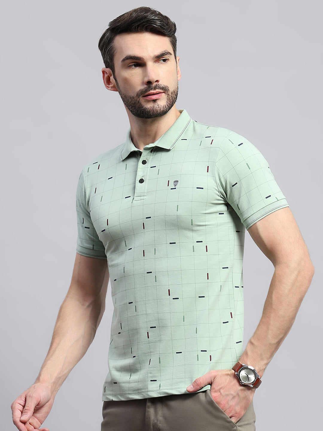 Men Green Printed Collar Half Sleeve T-Shirt