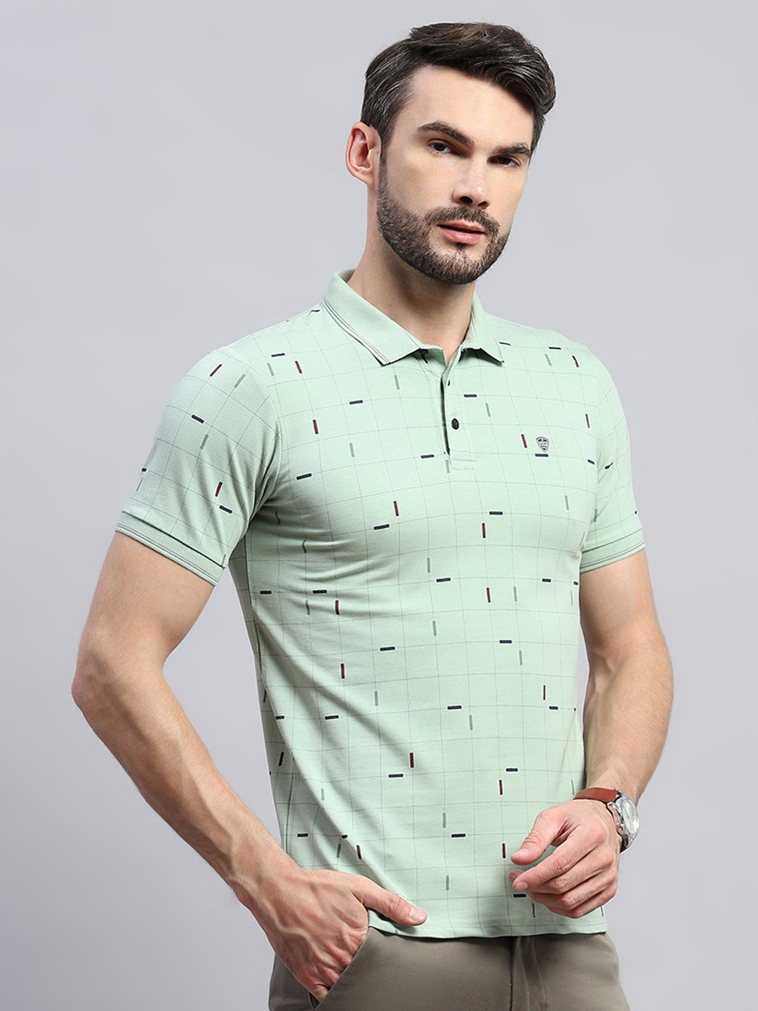 Men Green Printed Collar Half Sleeve T-Shirt