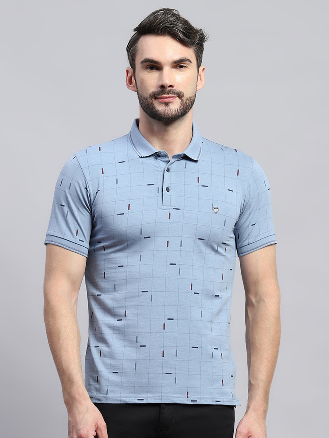 Men Blue Printed Collar Half Sleeve T-Shirt