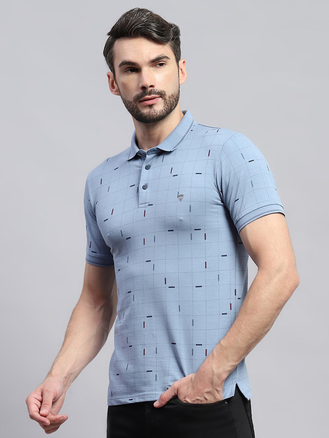 Men Blue Printed Collar Half Sleeve T-Shirt