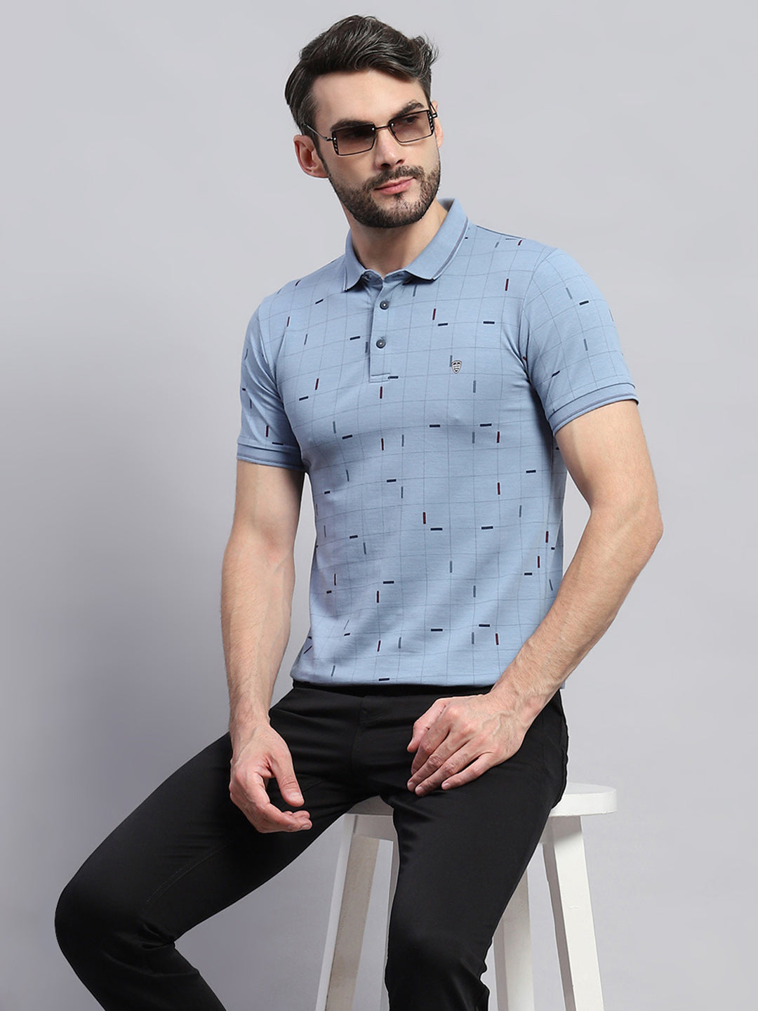 Men Blue Printed Collar Half Sleeve T-Shirt