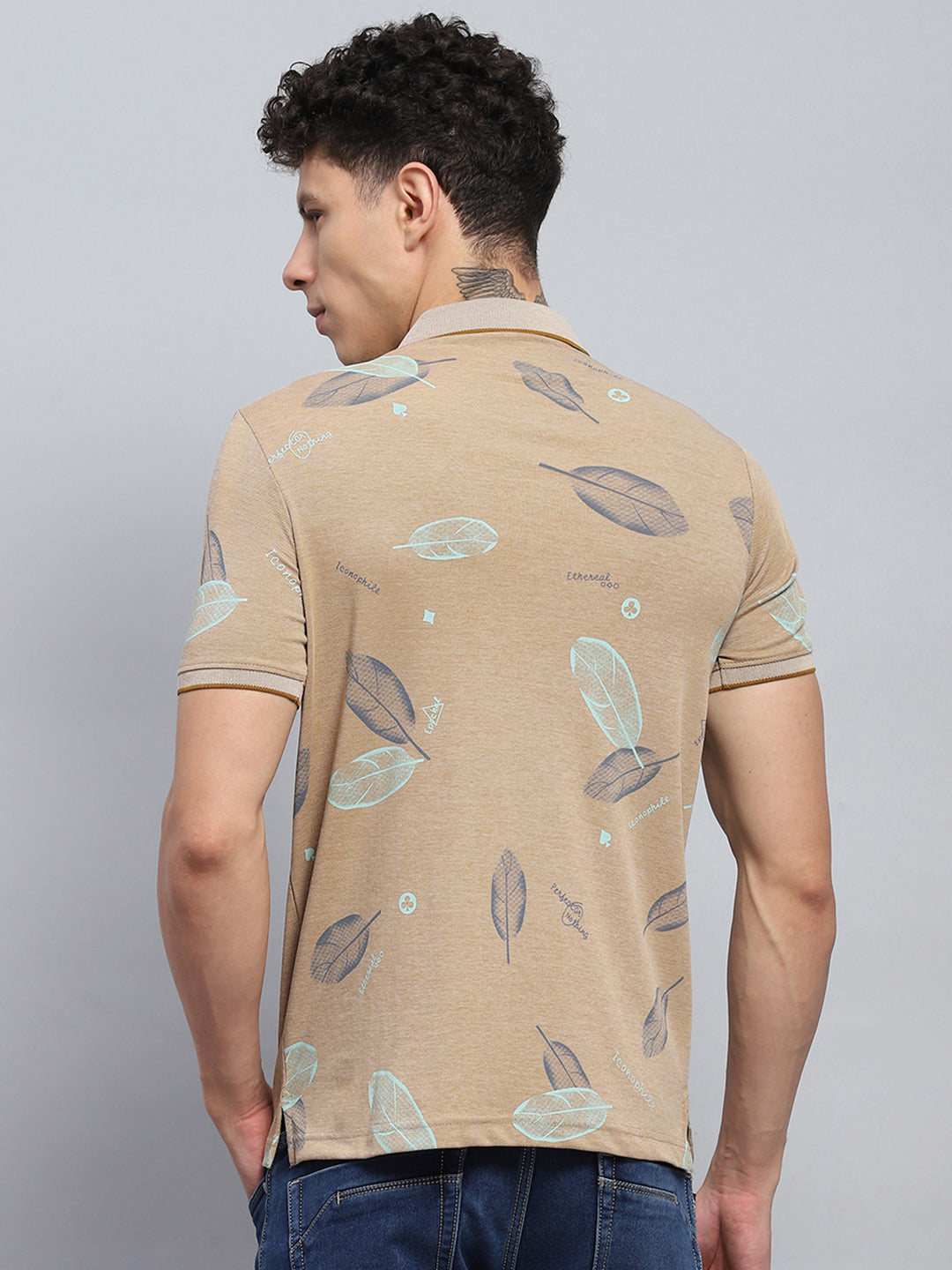 Men Beige Printed Collar Half Sleeve T-Shirt