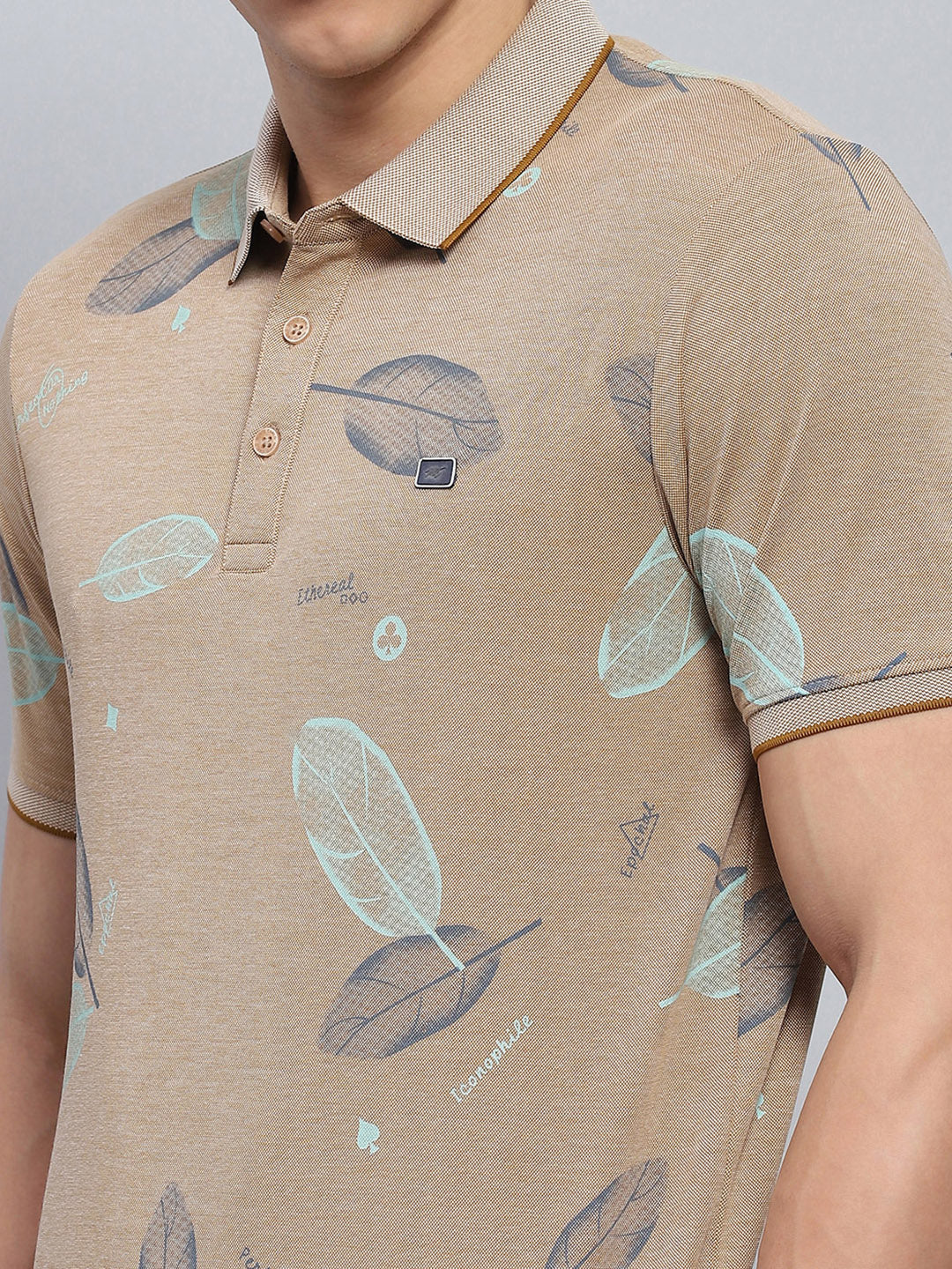 Men Beige Printed Collar Half Sleeve T-Shirt