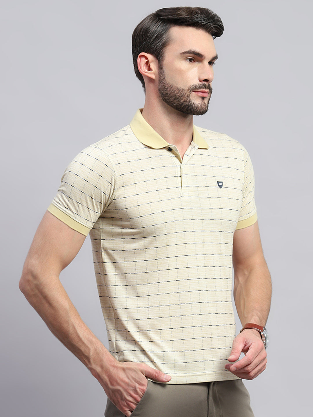 Men Yellow Printed Collar Half Sleeve T-Shirt