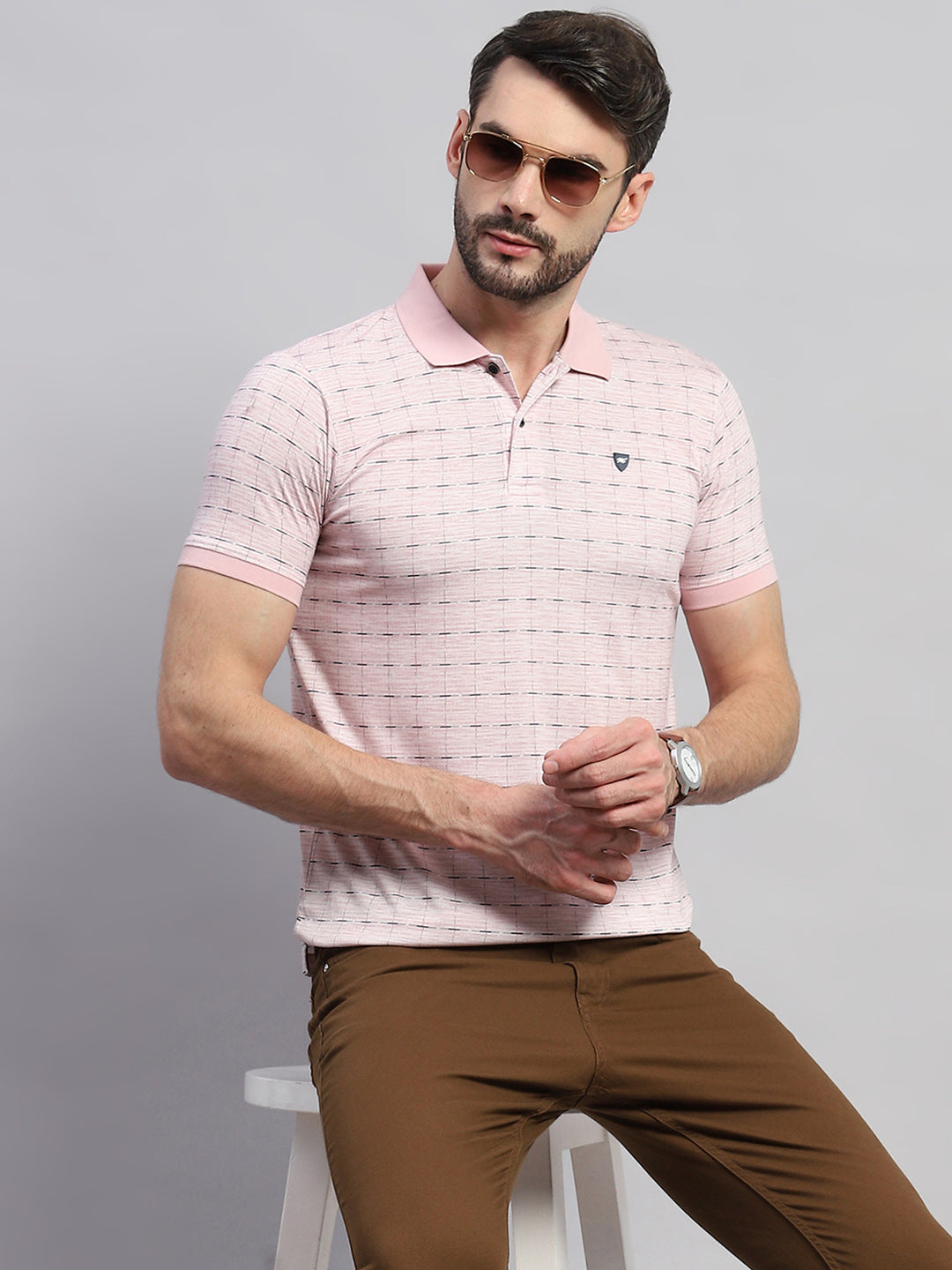 Men Pink Printed Collar Half Sleeve T-Shirt