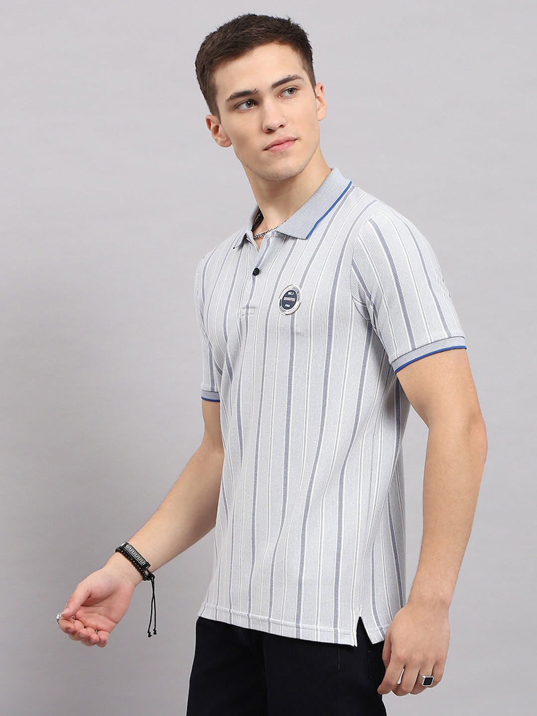 Men Blue Stripe Collar Half Sleeve T-Shirt