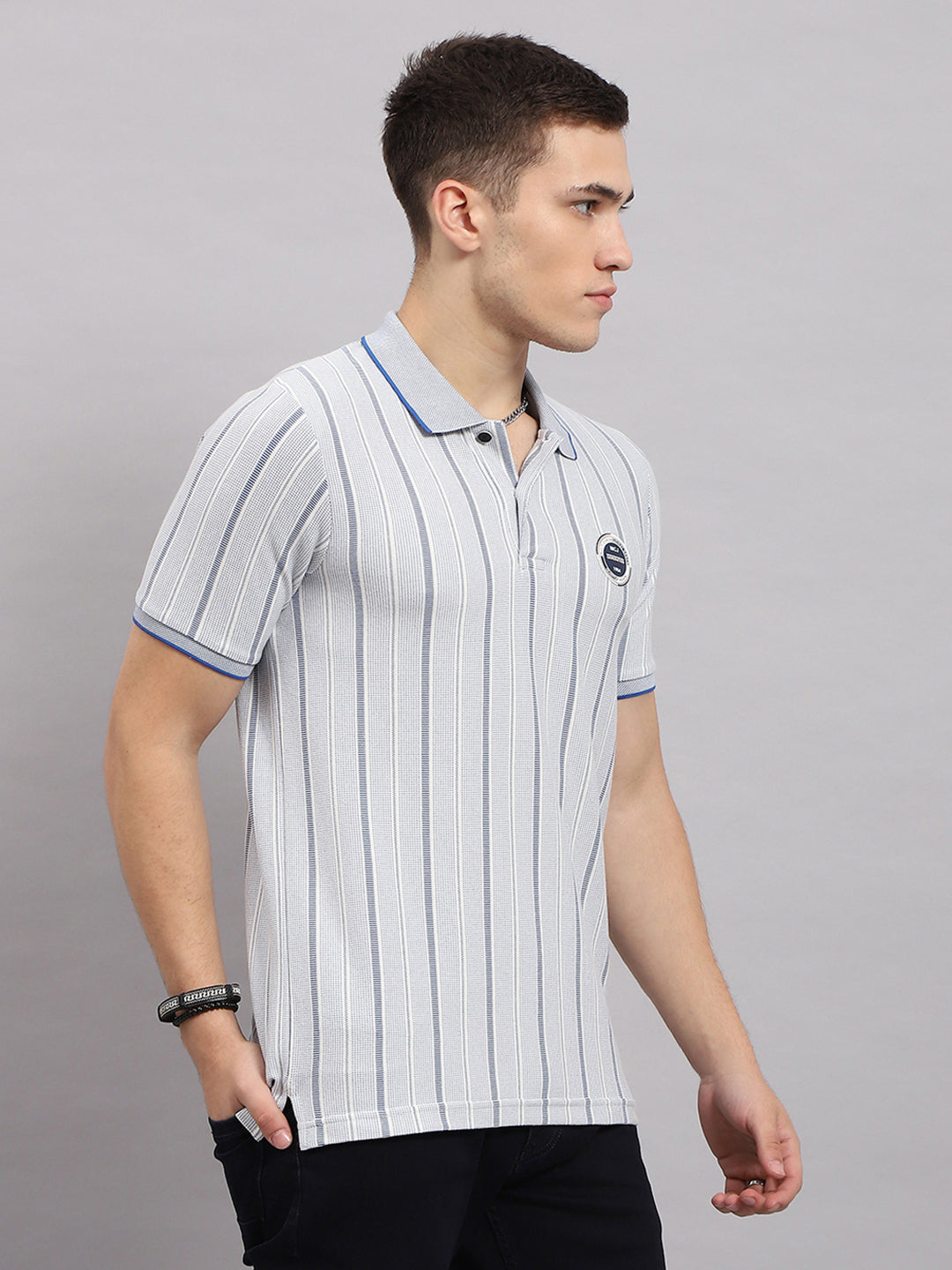 Men Blue Stripe Collar Half Sleeve T-Shirt