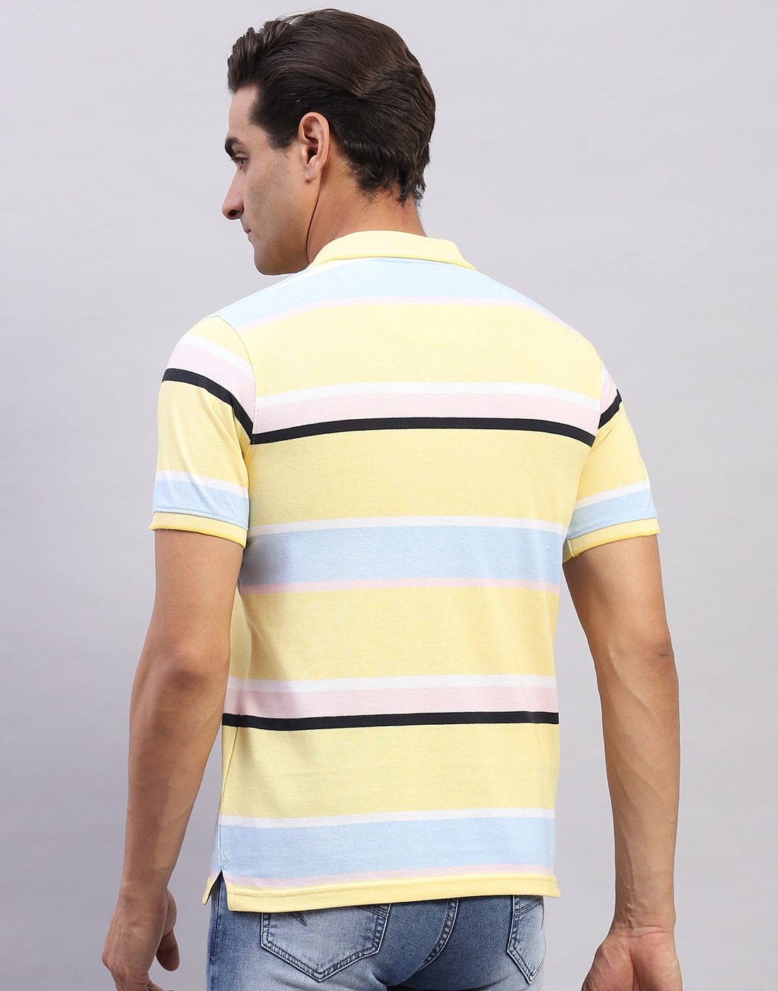 Men Yellow Stripe Polo Collar Half Sleeve T-Shirt