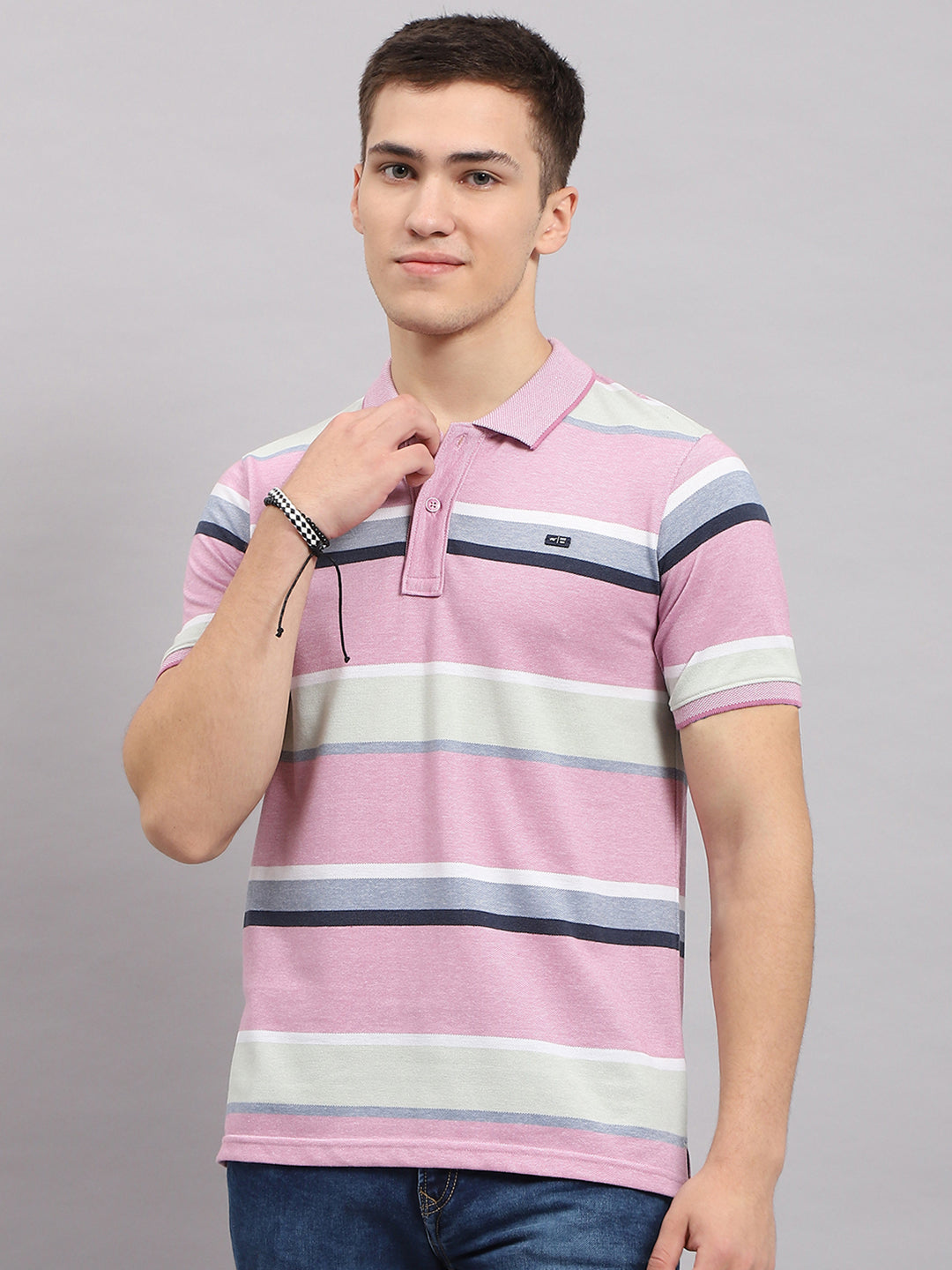 Men Pink Stripe Collar Half Sleeve T-Shirt