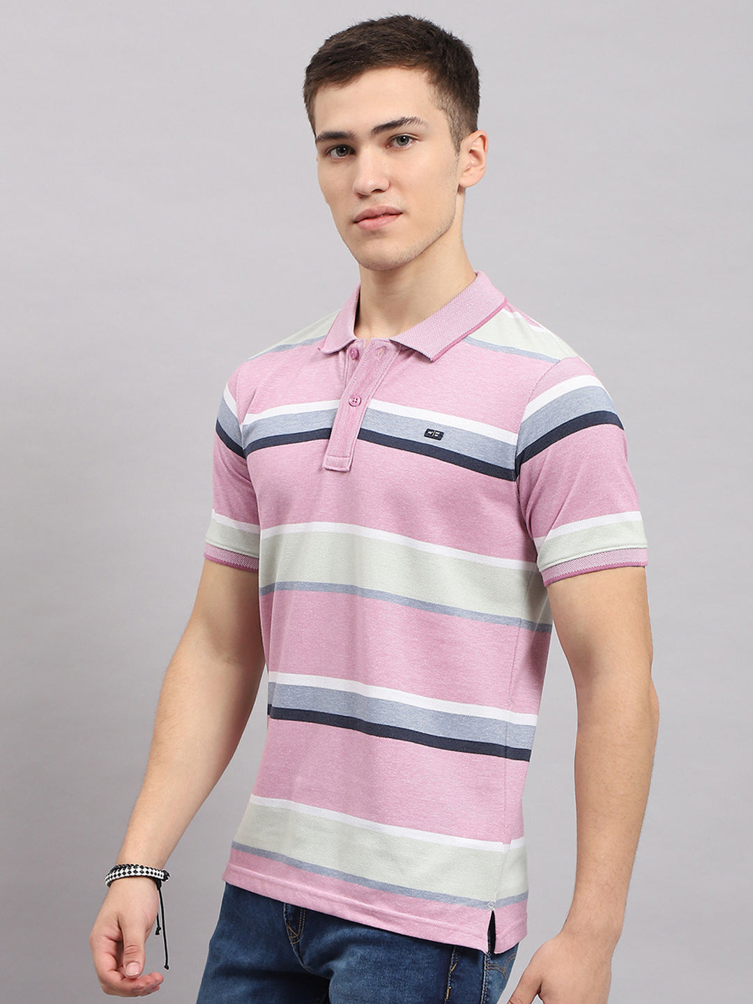 Men Pink Stripe Collar Half Sleeve T-Shirt