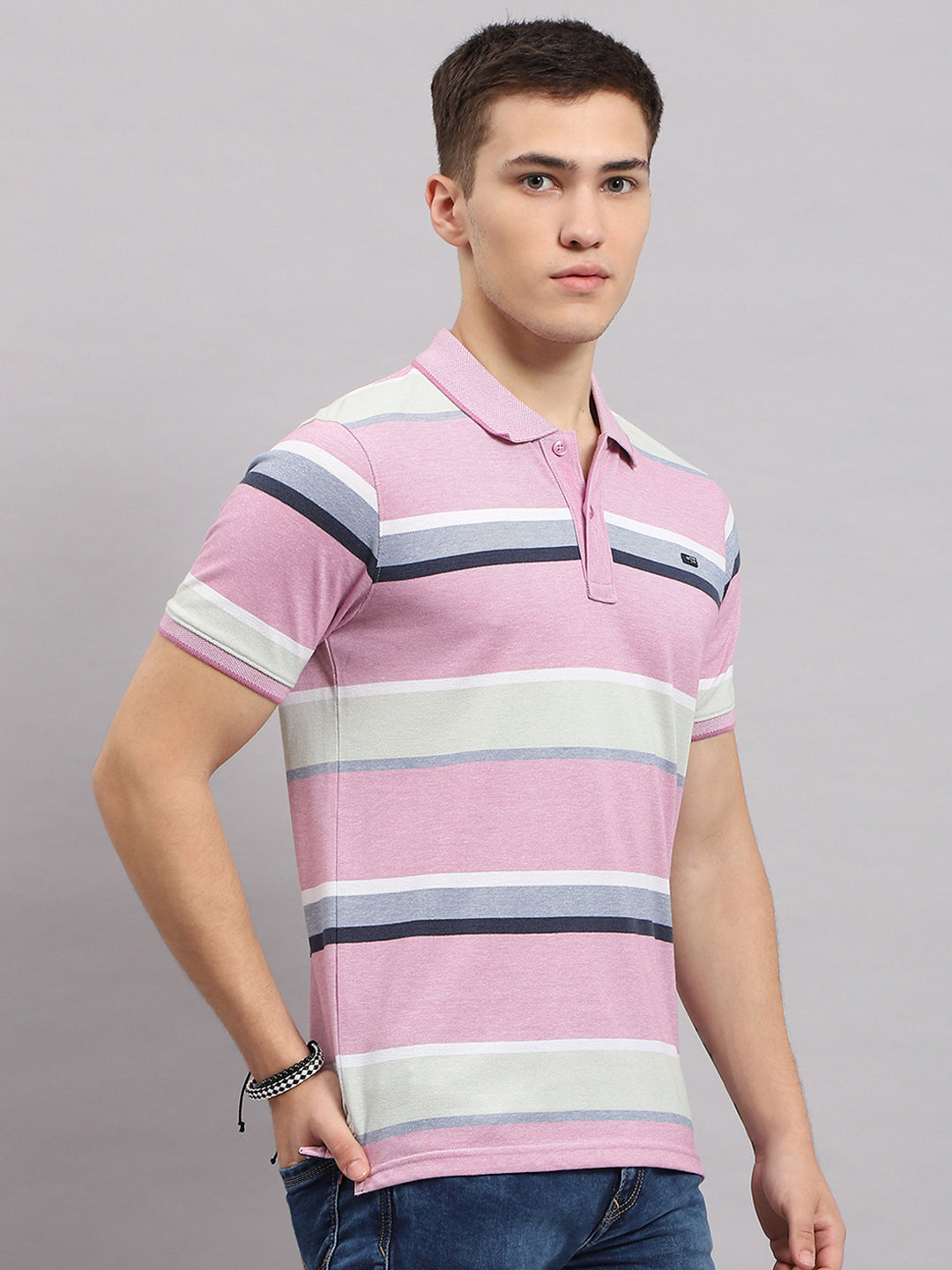 Men Pink Stripe Collar Half Sleeve T-Shirt