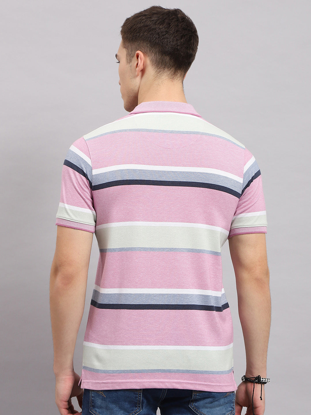 Men Pink Stripe Collar Half Sleeve T-Shirt