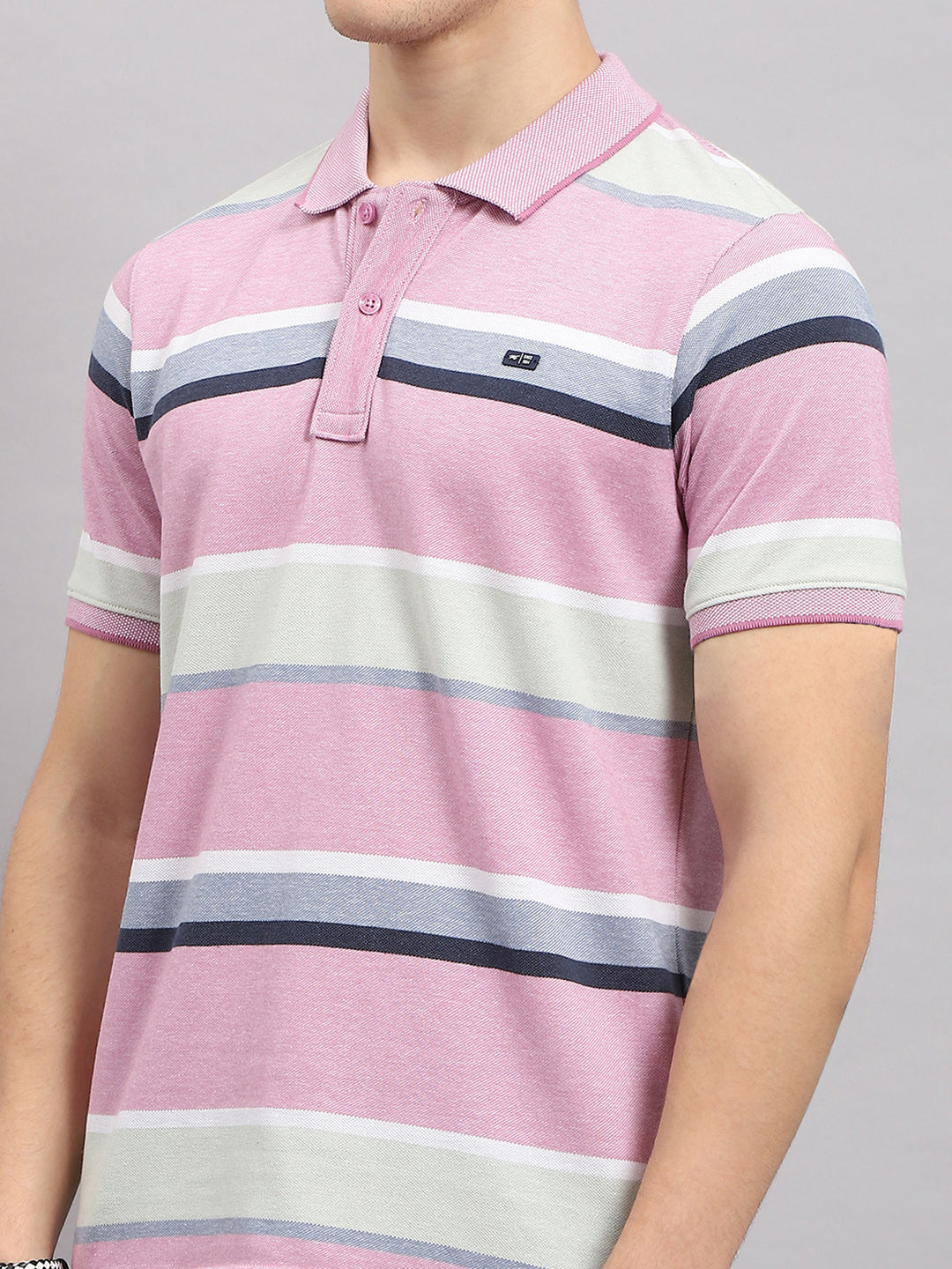 Men Pink Stripe Collar Half Sleeve T-Shirt