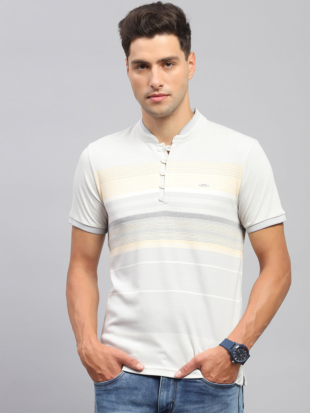 Men Multicolor Stripe Mandarin Neck Half Sleeve T-Shirt