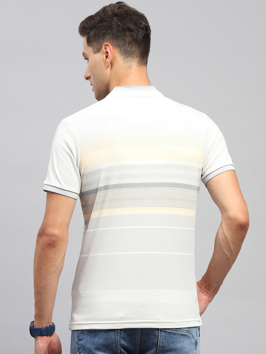 Men Multicolor Stripe Mandarin Neck Half Sleeve T-Shirt