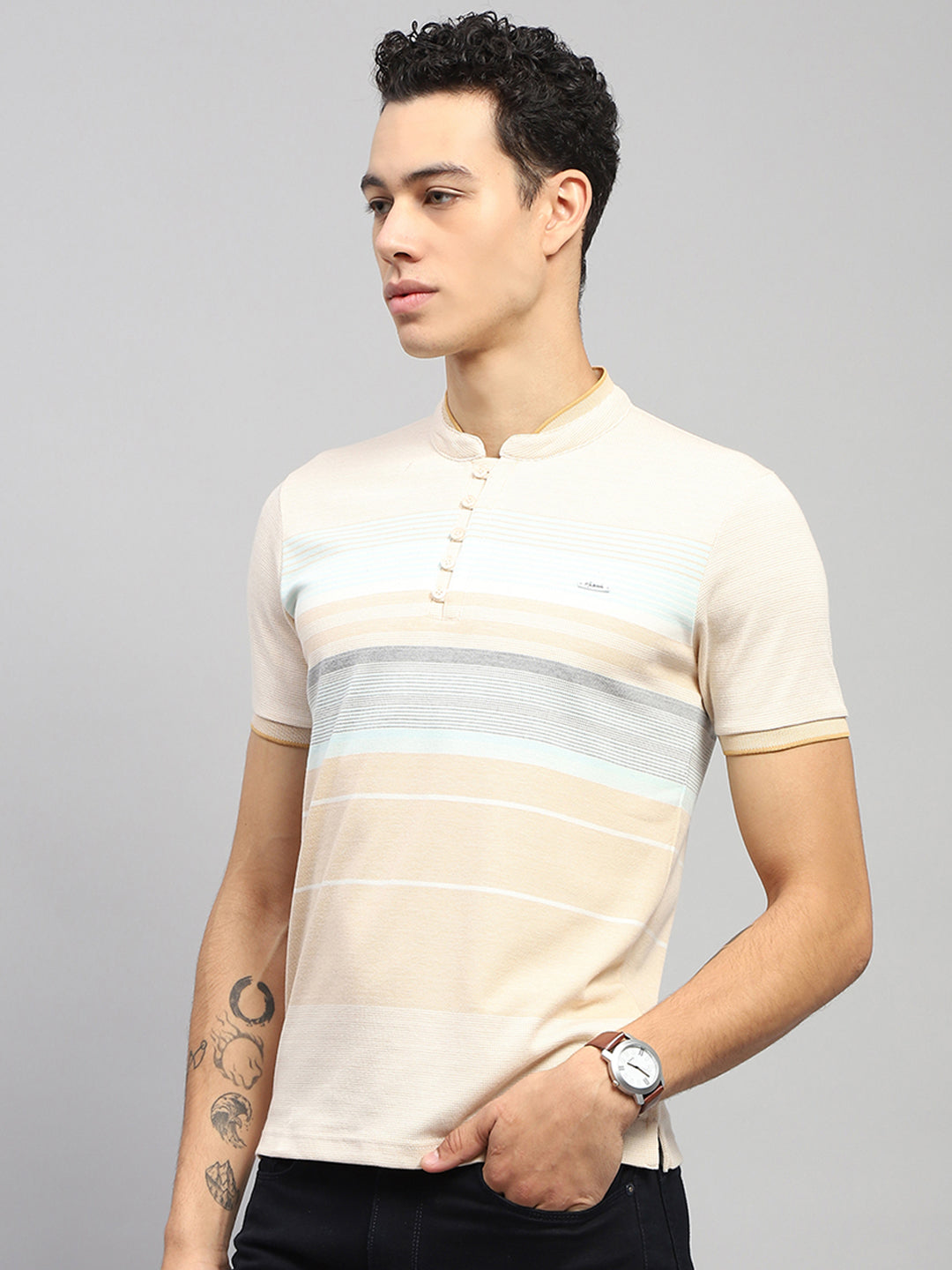 Men Beige Stripe Band Collar Half Sleeve T-Shirt