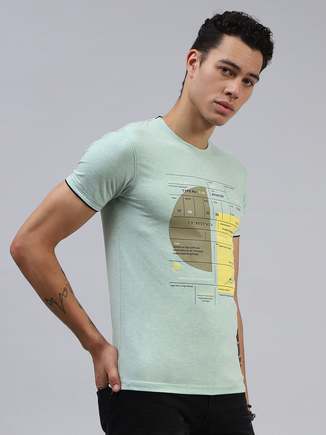 Men Green Printed Mock Neck Half Sleeve T-Shirt