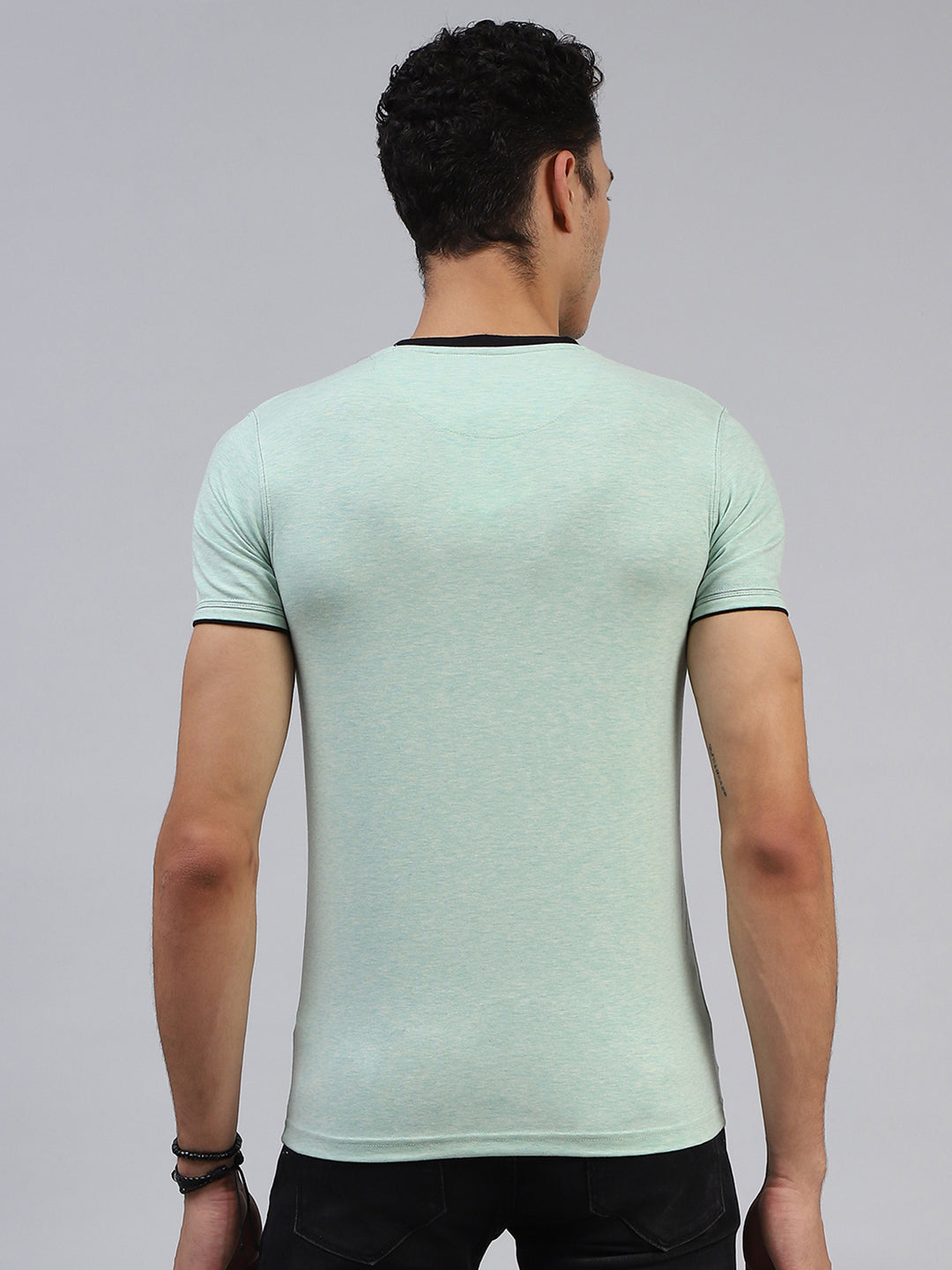 Men Green Printed Mock Neck Half Sleeve T-Shirt