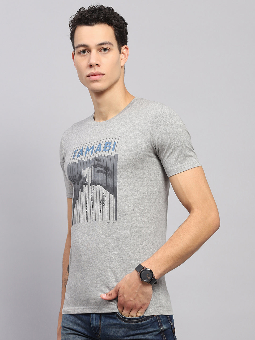 Men Grey Printed Round Neck Half Sleeve T-Shirt