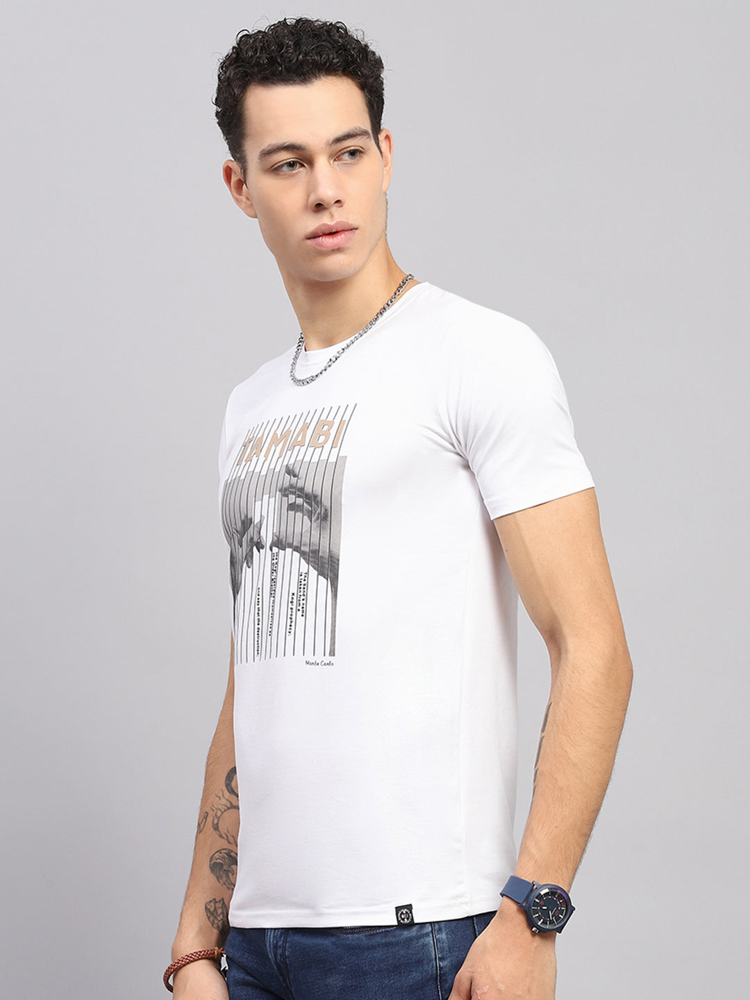 Men White Printed Round Neck Half Sleeve T-Shirt