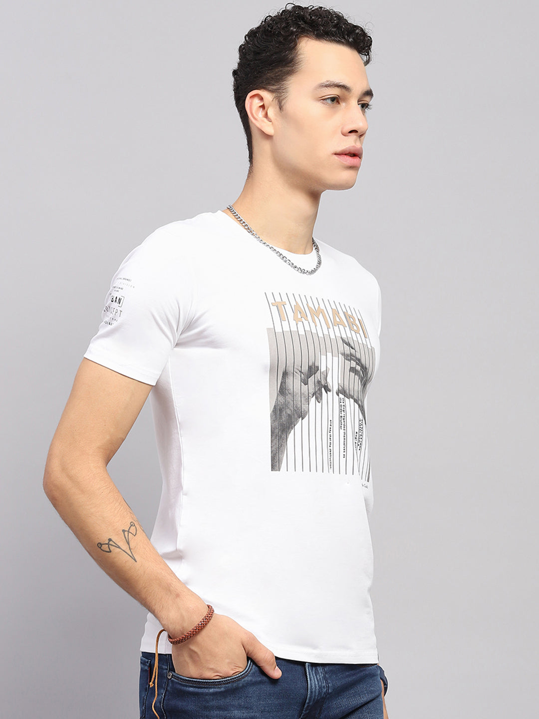 Men White Printed Round Neck Half Sleeve T-Shirt