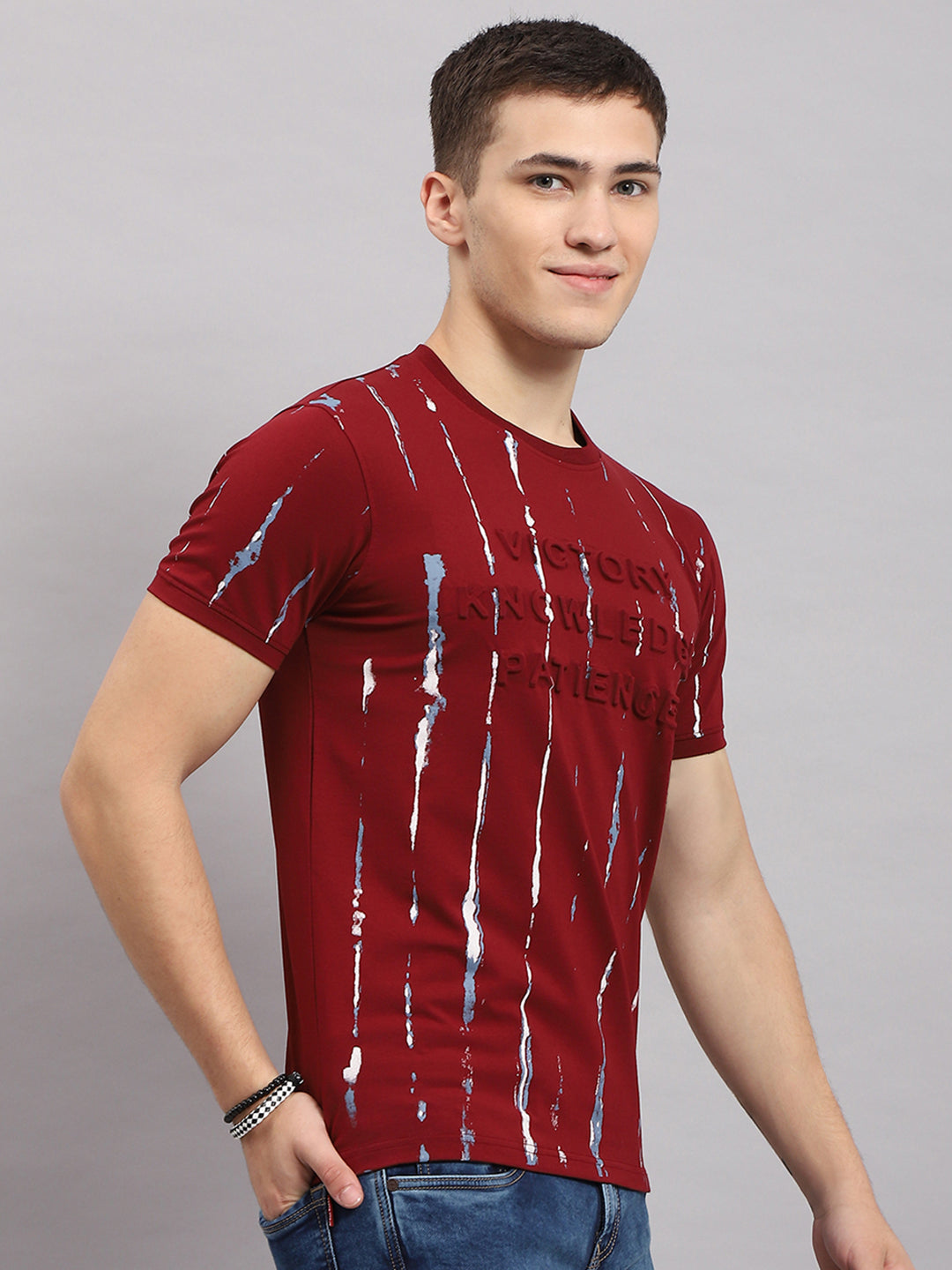 Men Maroon Printed Round Neck Half Sleeve T-Shirt