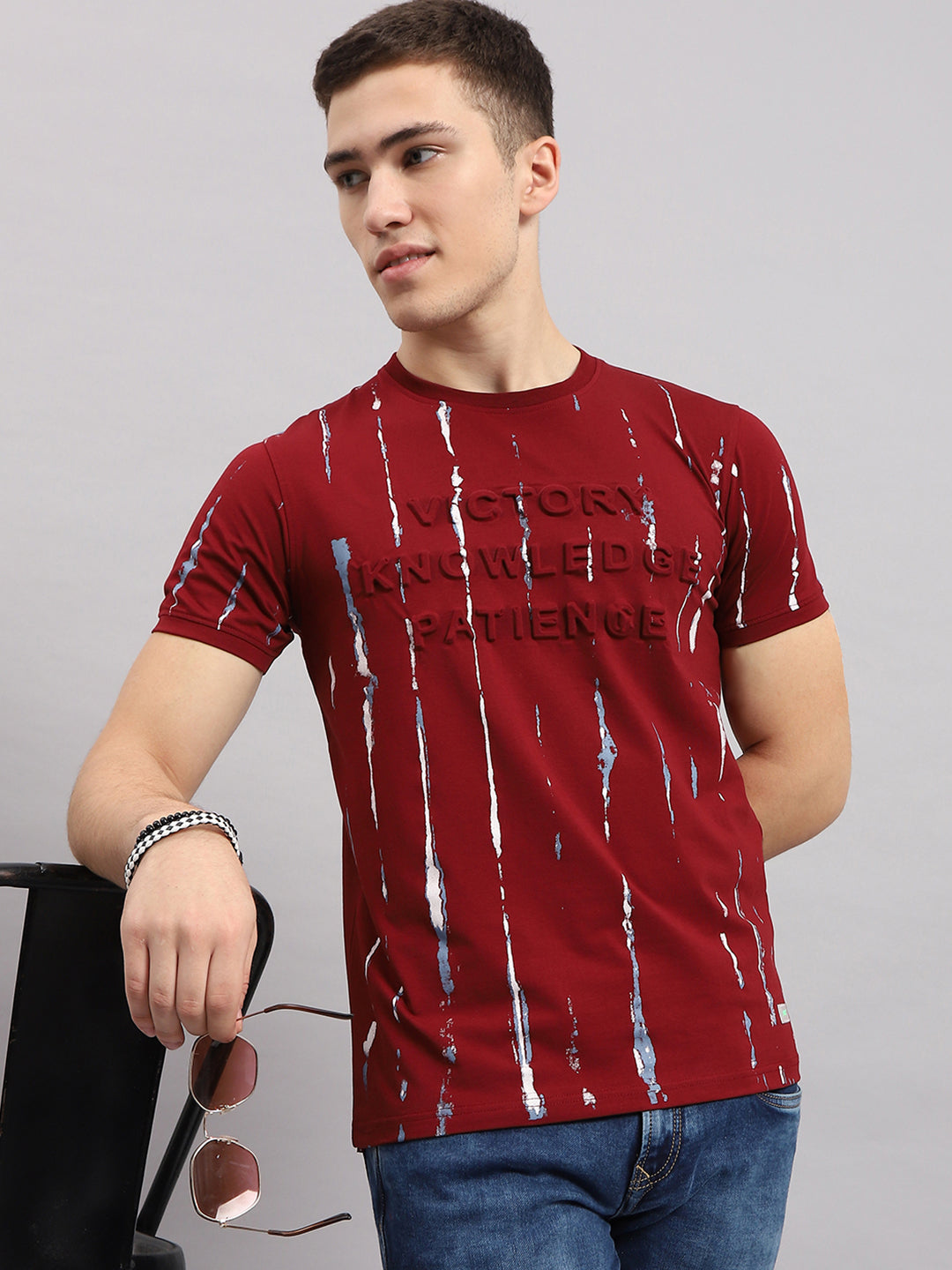 Men Maroon Printed Round Neck Half Sleeve T-Shirt