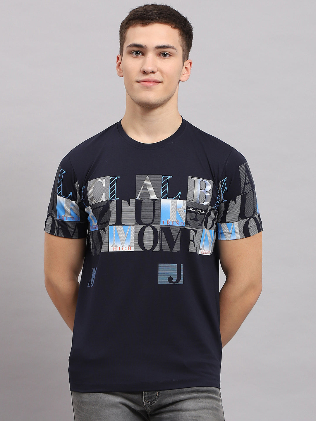 Men Navy Blue Printed Round Neck Half Sleeve T-Shirt