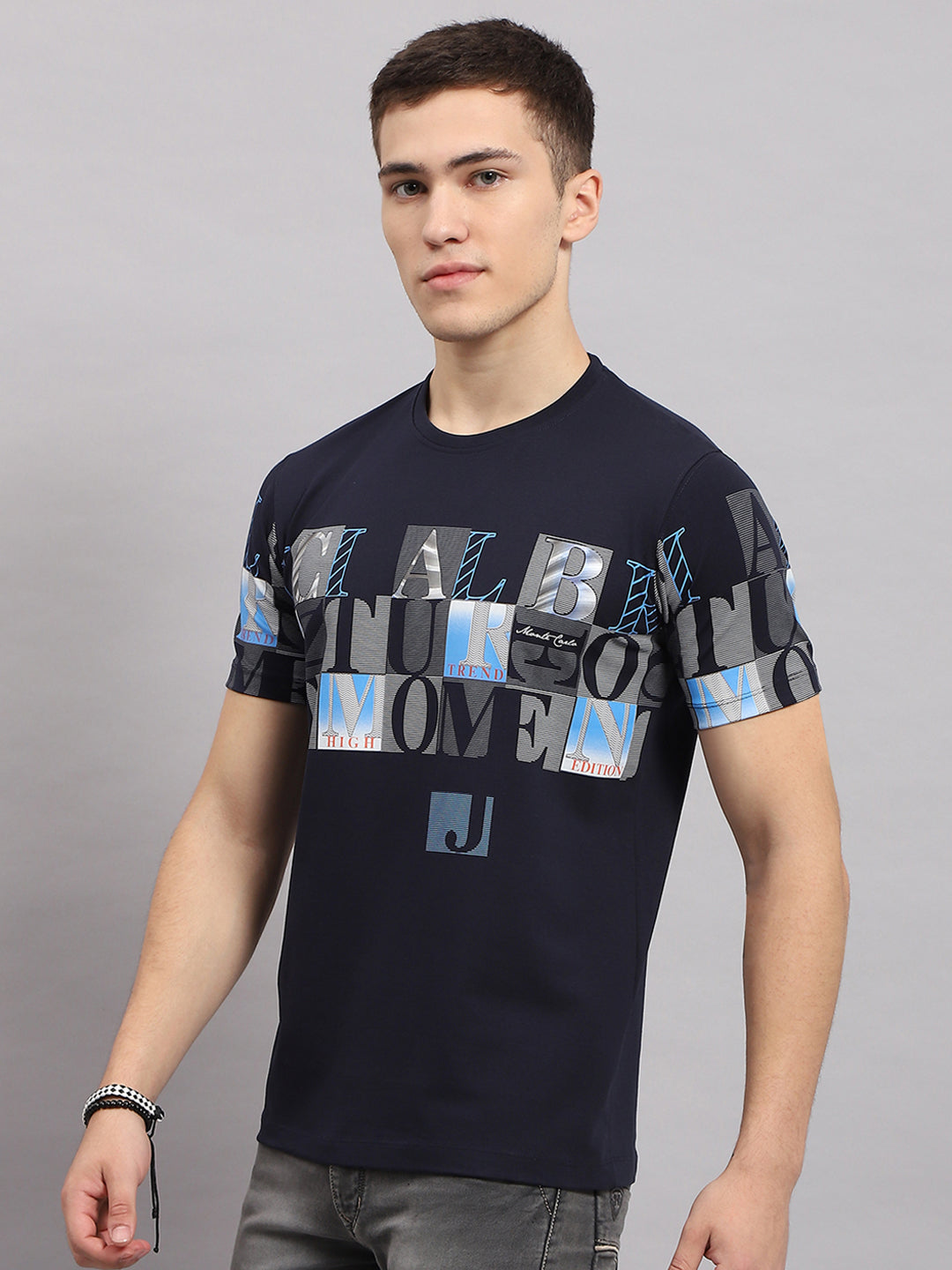 Men Navy Blue Printed Round Neck Half Sleeve T-Shirt