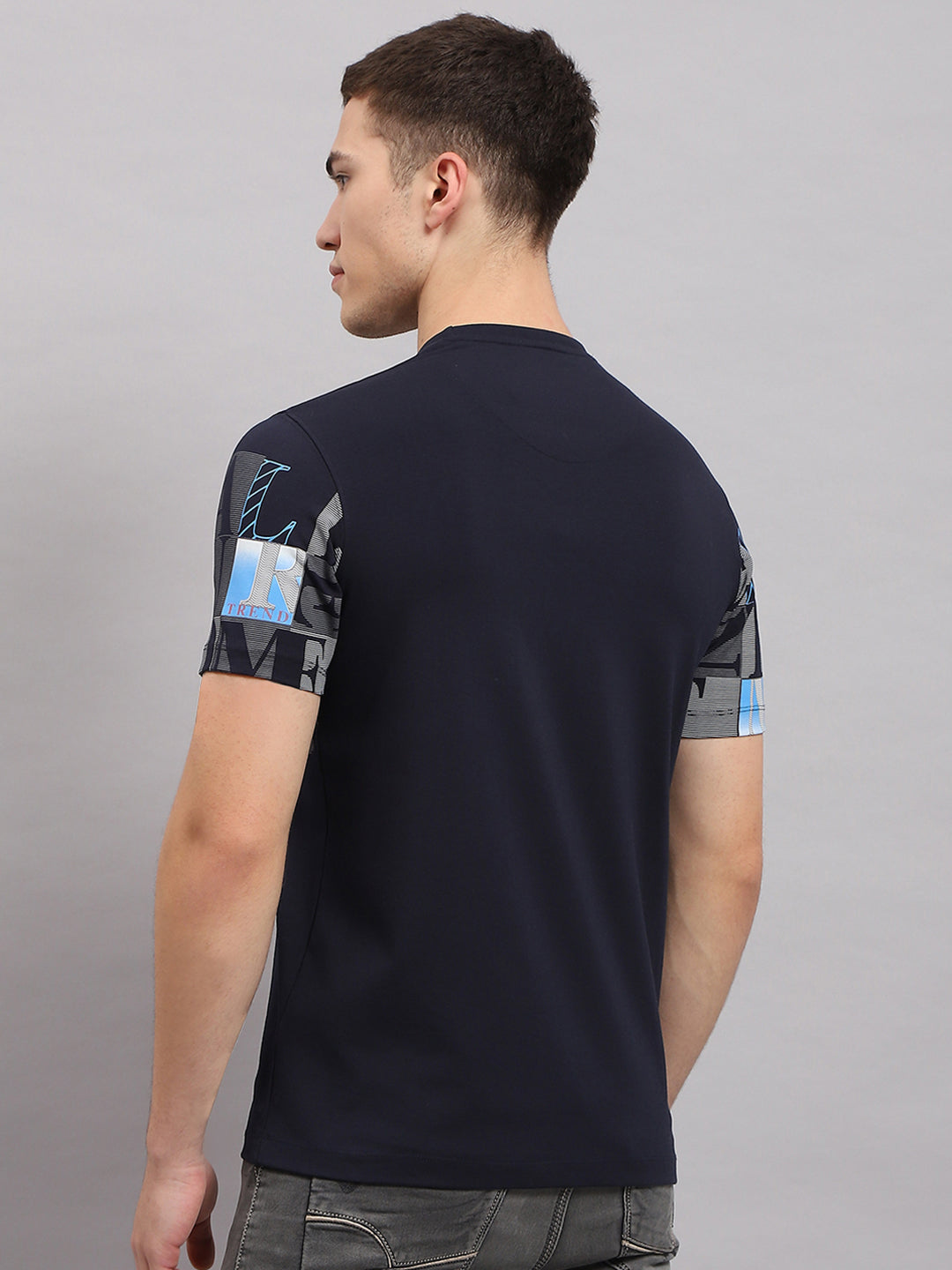 Men Navy Blue Printed Round Neck Half Sleeve T-Shirt