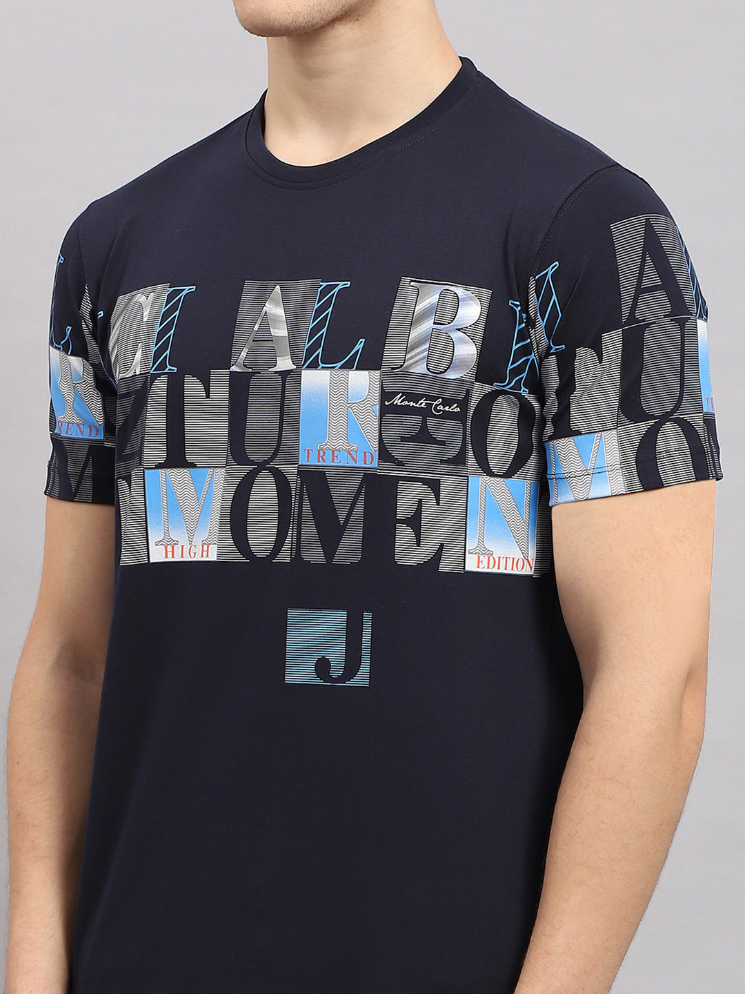 Men Navy Blue Printed Round Neck Half Sleeve T-Shirt