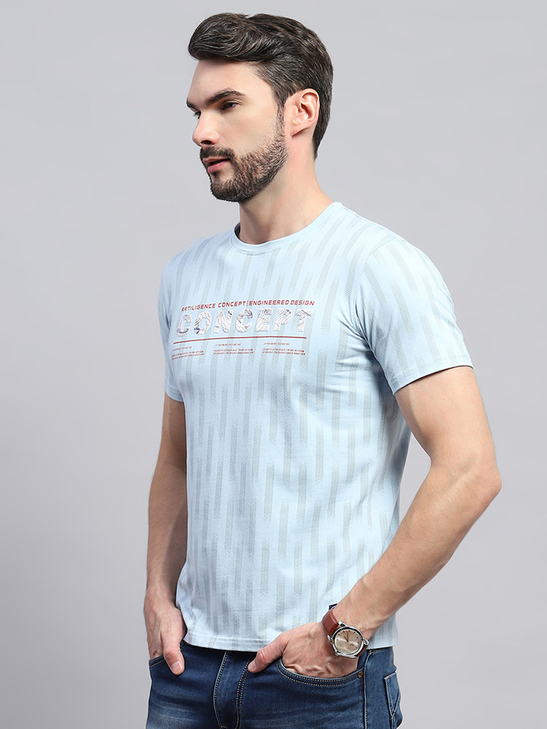 Men Blue Printed Round Neck Half Sleeve T-Shirt